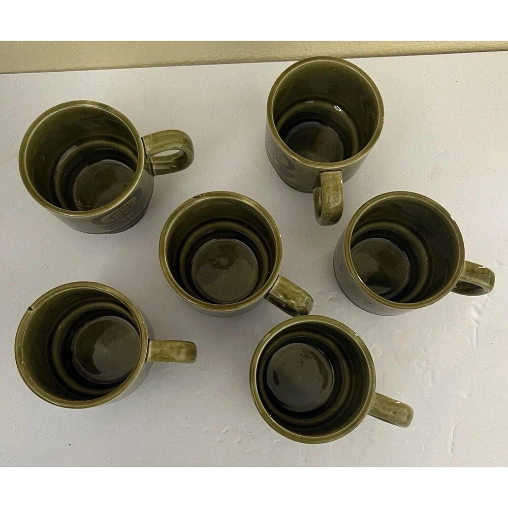Vtg Retro Stackable Avocado Green Floral Ceramic Mugs Lot of 6 Japan READ - Picture 7 of 9